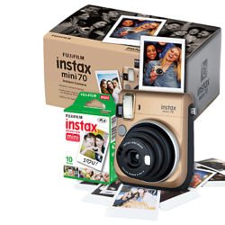 Fujifilm Instax Mini 70 Instant Camera With 10 Shots Of Film, Selfi Mode, Built-In Flash & Hand Strap Gold